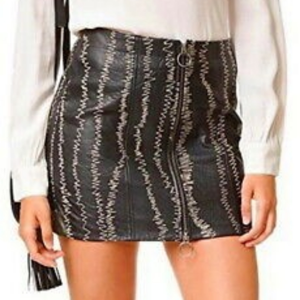 Free People Rock The Croc Black Lamb Leather Skirt